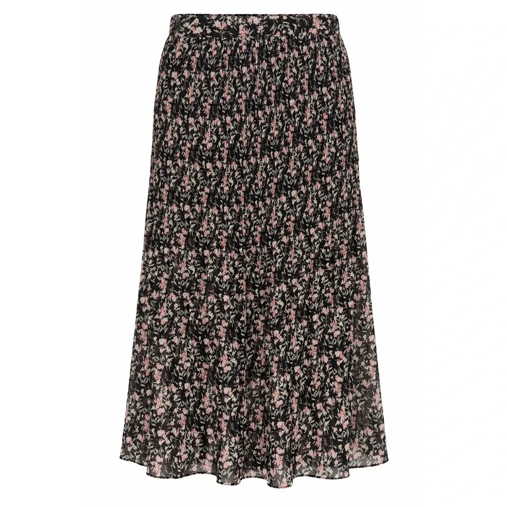 Skies Are Blue Floral Smocked Midi Skirt Black Pink Pleated MP NEW